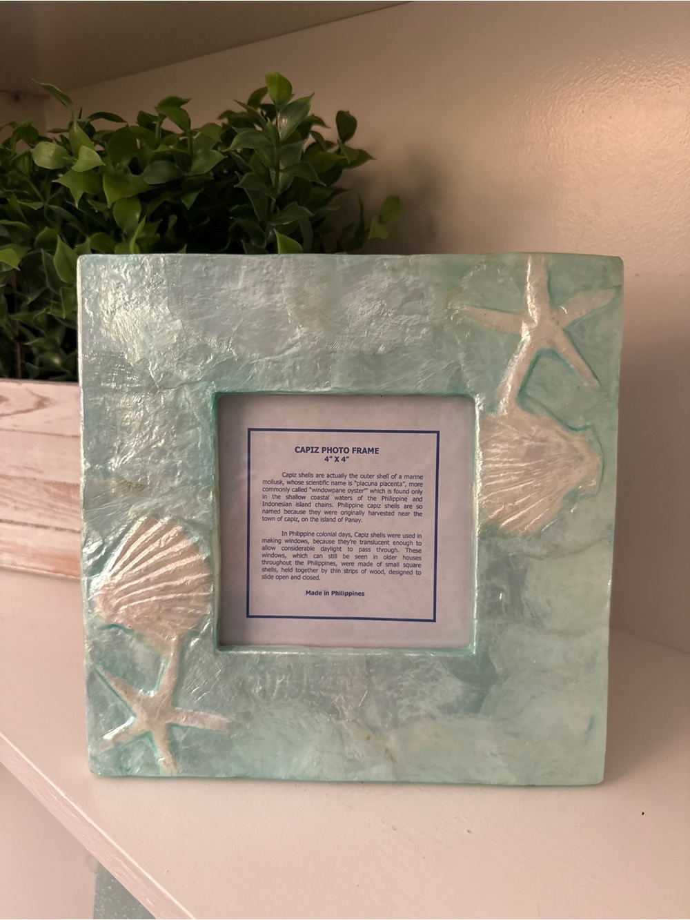 Capiz Shell 4x4 Photo Frame Aqua Starfish Seashell Coastal Decor